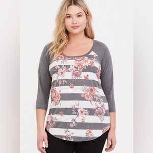 Torrid size 3x 3/4 length sleeve gray and white shirt with Floral Stripe design.